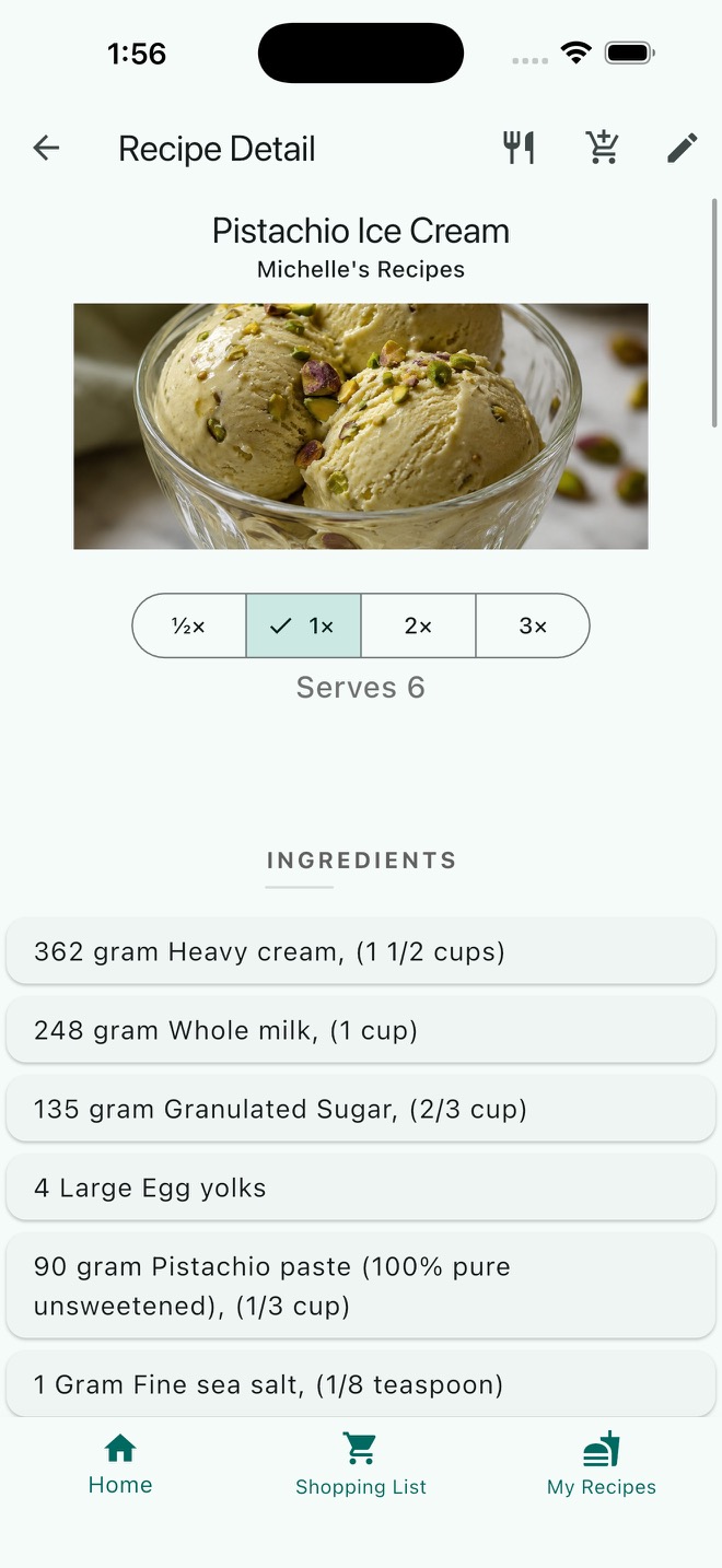 Pistachio ice cream recipe showing a finished photo, serving controls, and ingredients